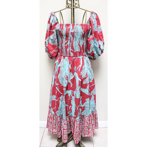 Rhode Eloise Ancient Greek Tile Midi Puff Sleeve Dress Size Large - Picture 1 of 7
